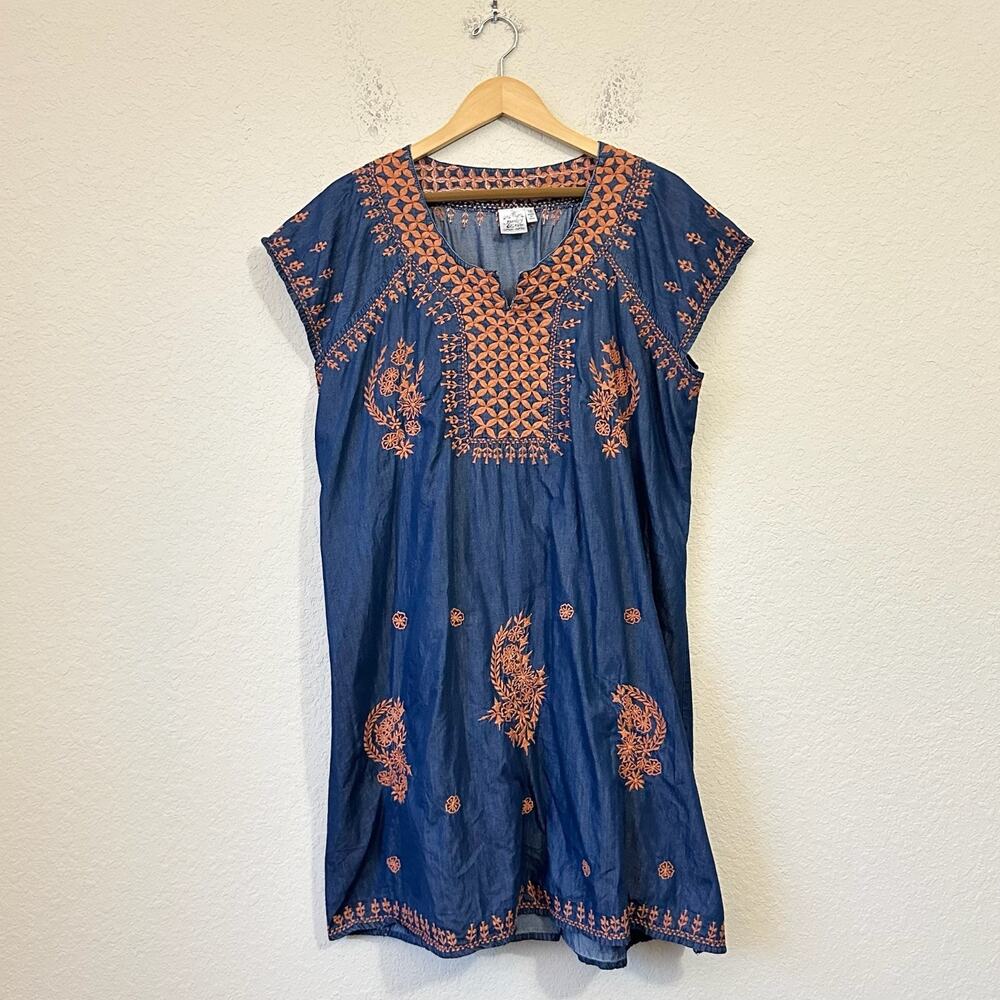 PARSLEY & SAGE Shift Dress Navy Blue Floral Embroidered Chambray Boho